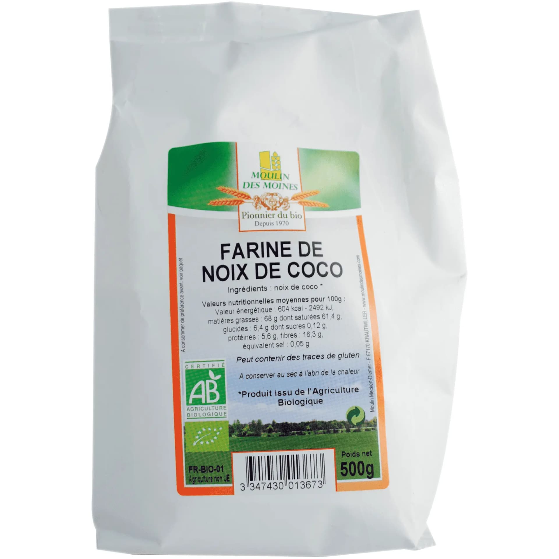 Moulin des Moines, Farine de noix de coco, 500g.