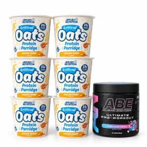 Pack Applied Nutrition : ABE Bubblegum Crush avec six pots de porridge Golden Syrup 60 g