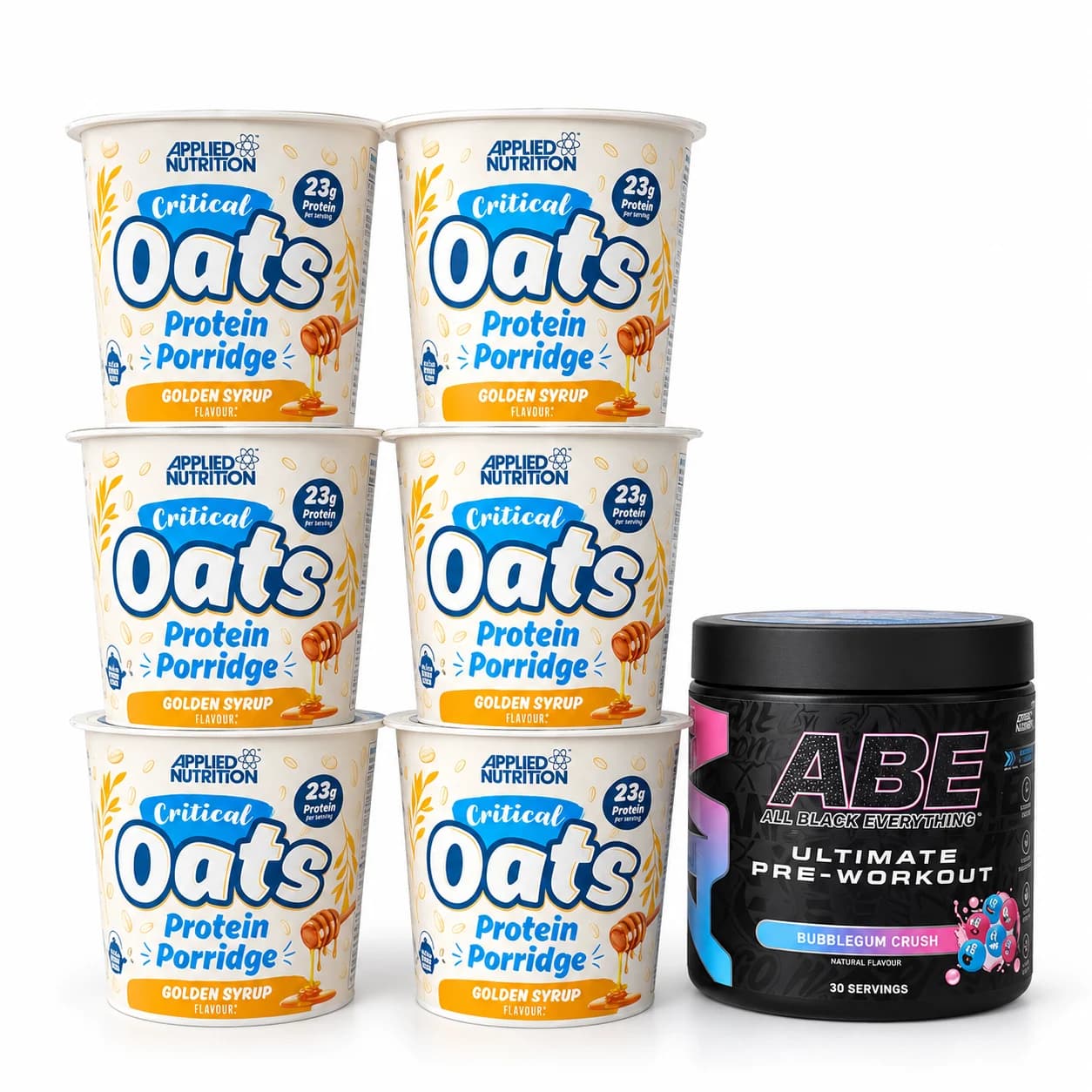 Pack Applied Nutrition : ABE Bubblegum Crush avec six pots de porridge Golden Syrup 60 g