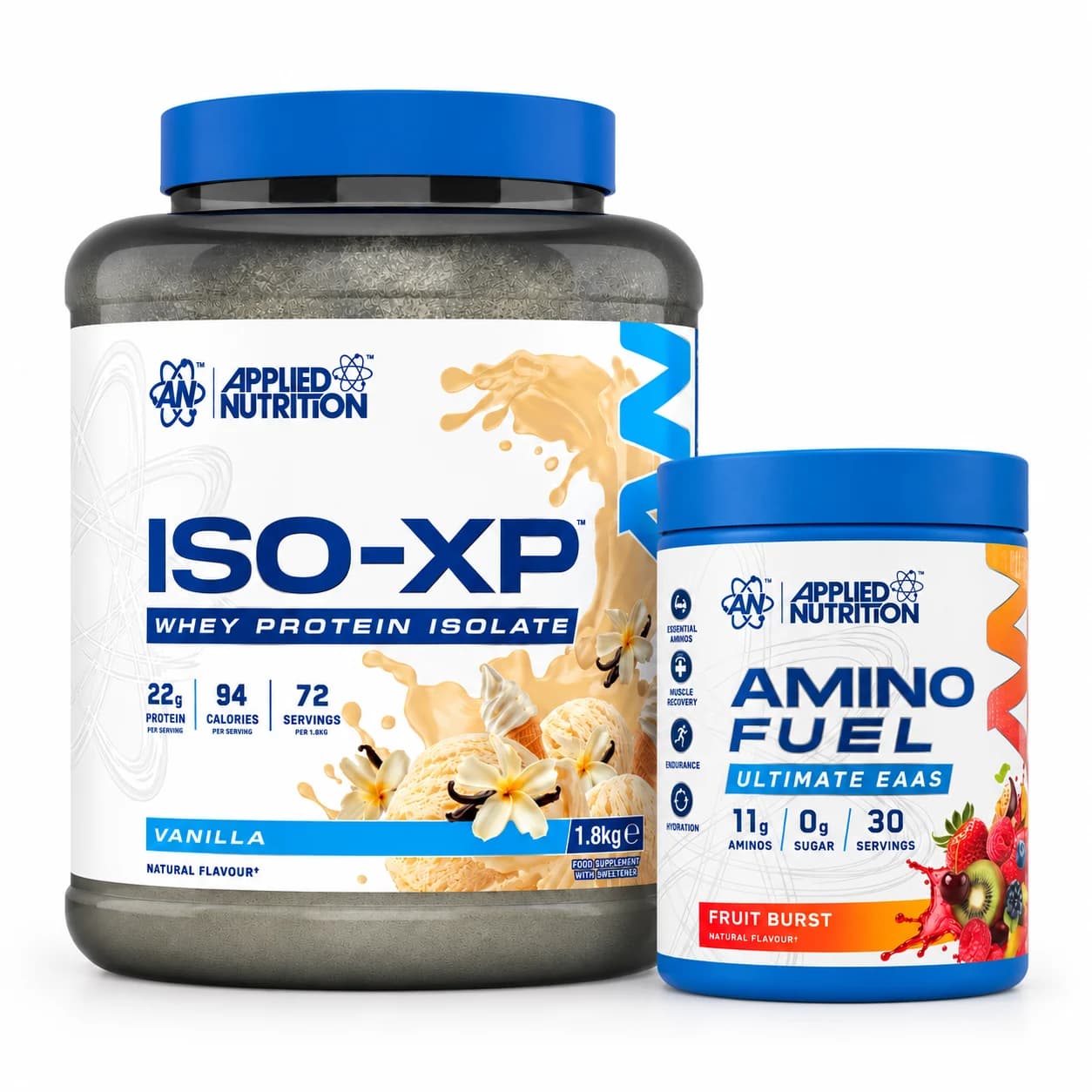 ISO-XP & Amino Fuel EAA Applied Nutrition : les 2 produits de la sélection par défaut sur fond blanc