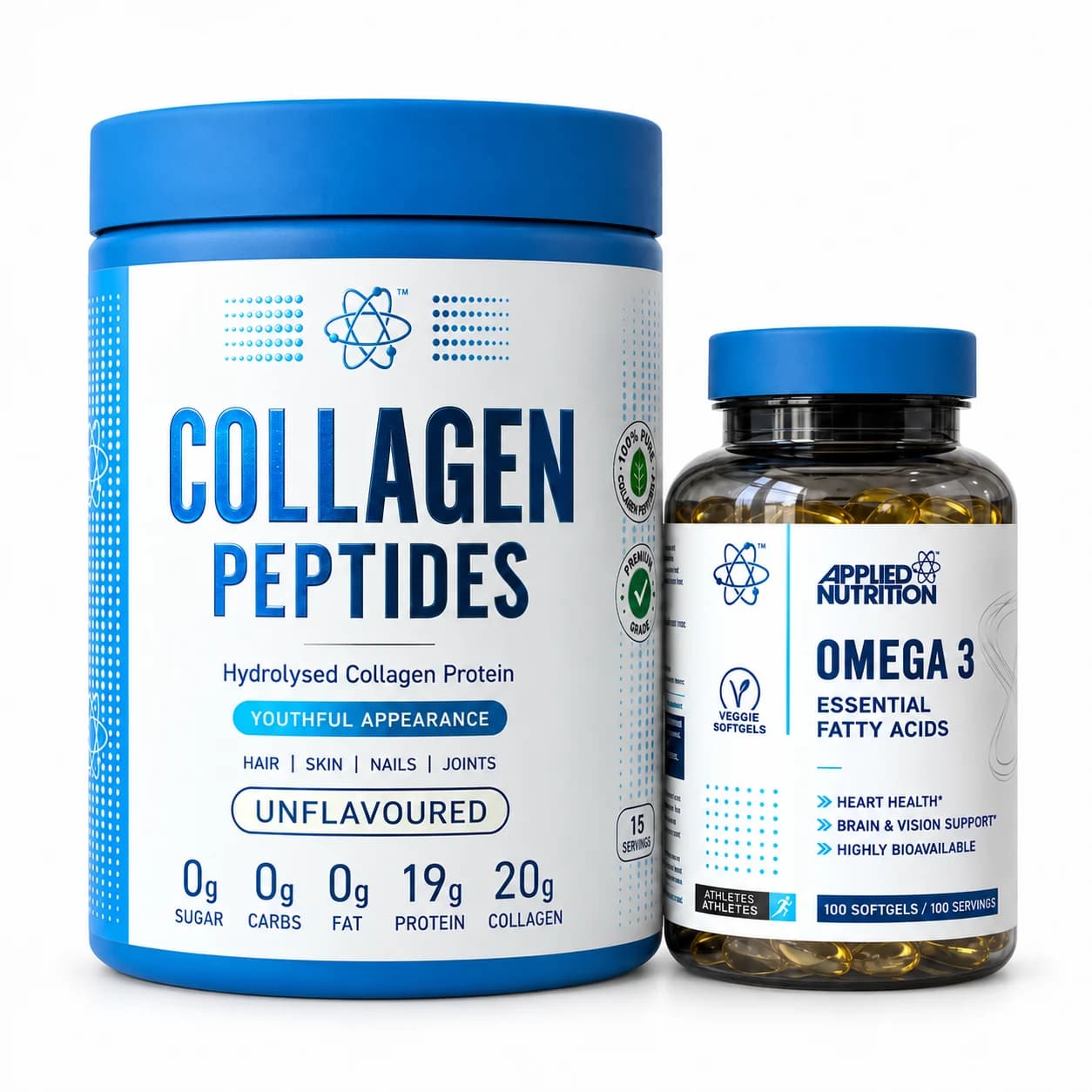 Pack Applied Nutrition : Collagen Peptides 300 g et Oméga 3 — proportions photographiées