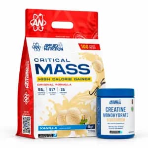Pack Applied Nutrition : Critical Mass Original vanille 6 kg et créatine monohydrate 250 g sur fond blanc