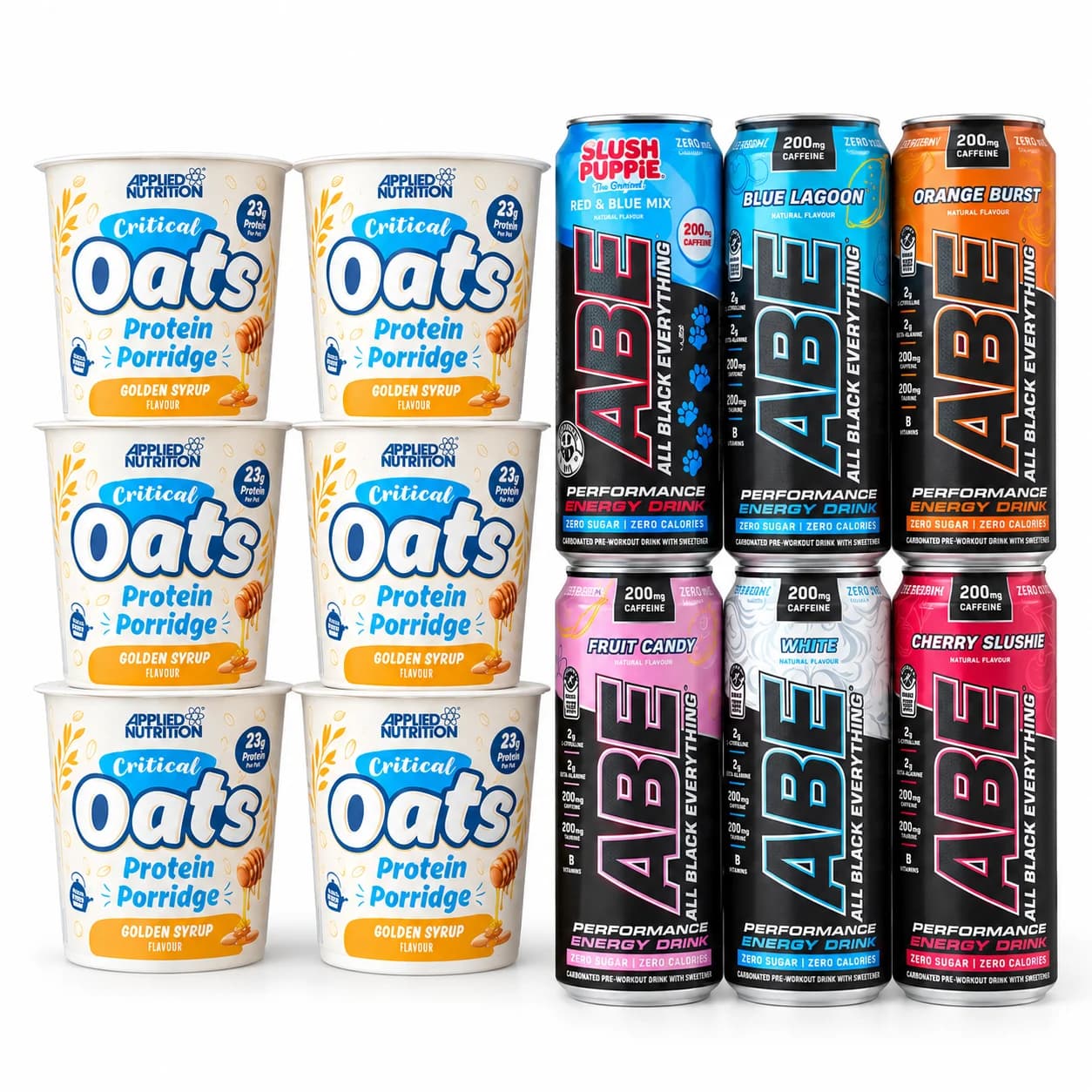 Pack Nomade ABE Applied Nutrition : six saveurs de canettes différentes et six porridges Golden Syrup