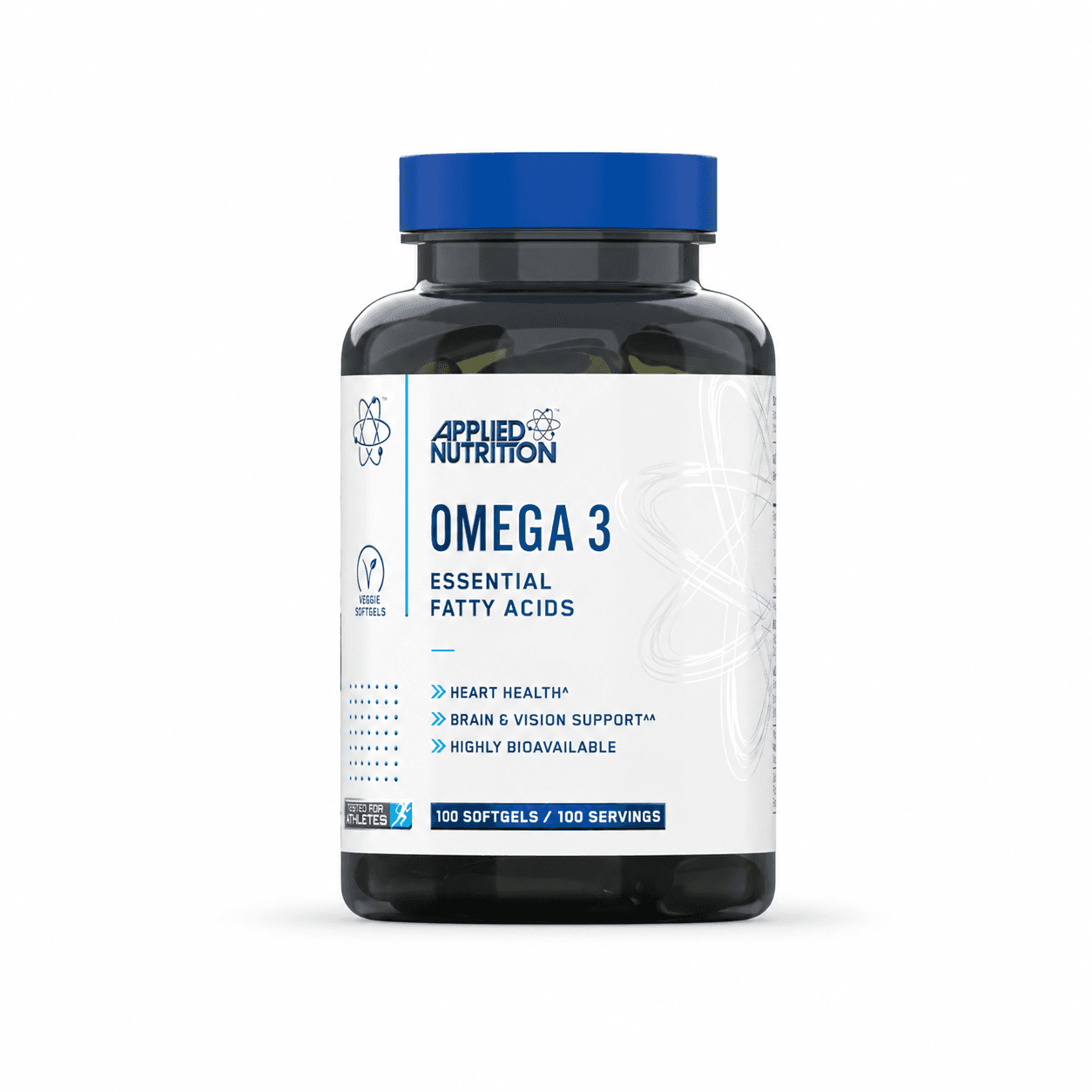 Oméga 3 Applied Nutrition, nouvel emballage, flacon de 100 capsules sur fond blanc