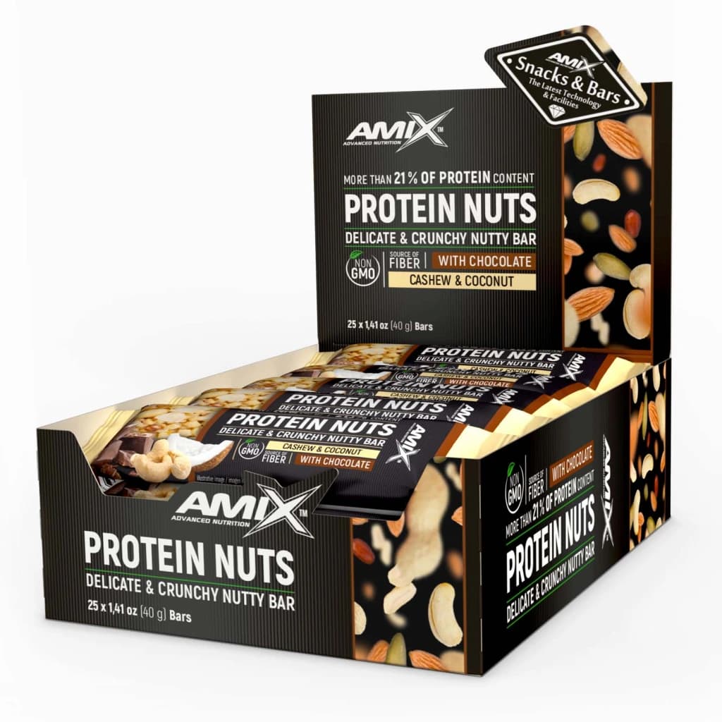 Amix Protein Nuts Crunchy Nutty Bar 25x40g – Noix de Cajou & Noix de Coco