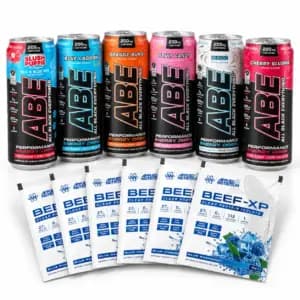 Pack Applied Nutrition : six canettes ABE 330 ml de six saveurs différentes et six sachets Beef-XP Blue Raspberry 30 g