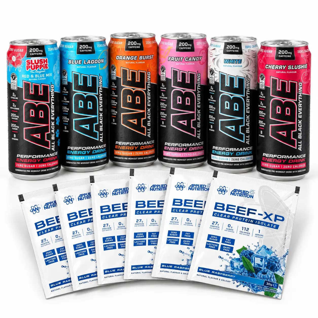 Pack Applied Nutrition : six canettes ABE 330 ml de six saveurs différentes et six sachets Beef-XP Blue Raspberry 30 g
