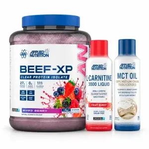 Beef-XP, L-Carnitine & MCT Oil Applied Nutrition : les 3 produits de la sélection par défaut sur fond blanc