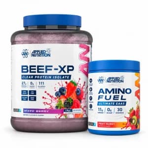 Beef-XP & Amino Fuel EAA Applied Nutrition : les 2 produits de la sélection par défaut sur fond blanc