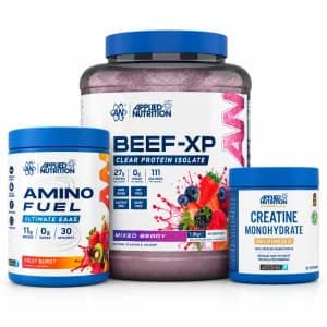 Beef-XP, EAA & Créatine Applied Nutrition : les 3 produits de la sélection par défaut sur fond blanc