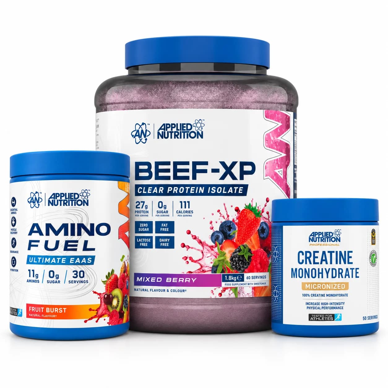 Beef-XP, EAA & Créatine Applied Nutrition : les 3 produits de la sélection par défaut sur fond blanc