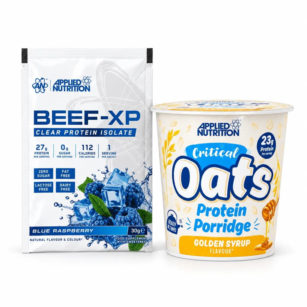 Pack Applied Nutrition : un sachet Beef-XP Blue Raspberry 30 g et un pot Critical Oats Golden Syrup 60 g