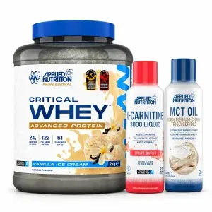 Critical Whey, L-Carnitine & MCT Oil Applied Nutrition : les 3 produits de la sélection par défaut sur fond blanc