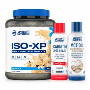 ISO-XP, L-Carnitine & MCT Oil Applied Nutrition : les 3 produits de la sélection par défaut sur fond blanc