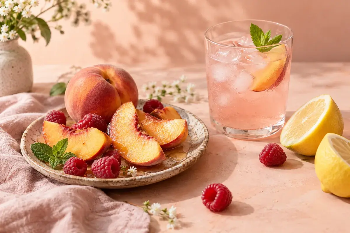 Pêches, citron et fruits rouges
