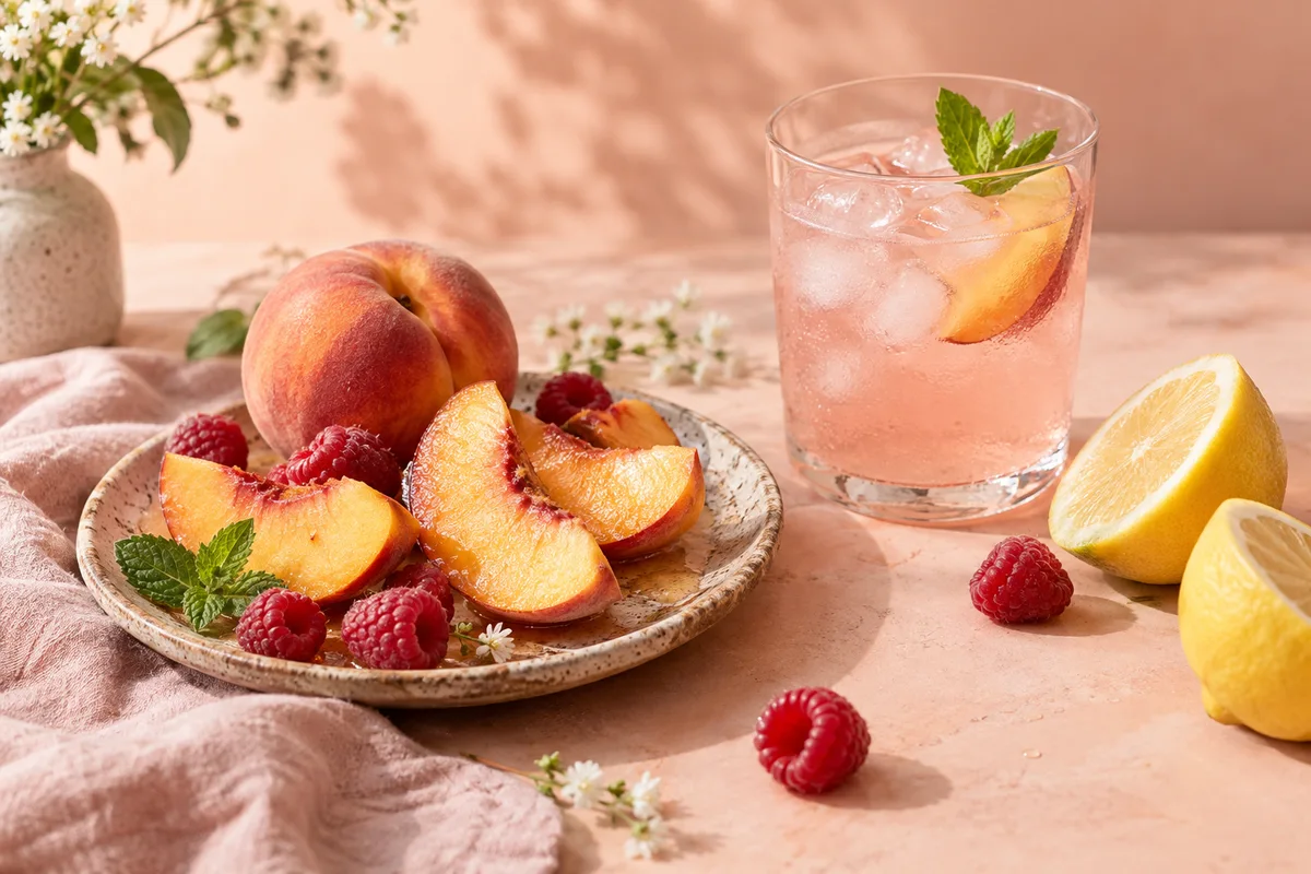 Pêches, citron et fruits rouges