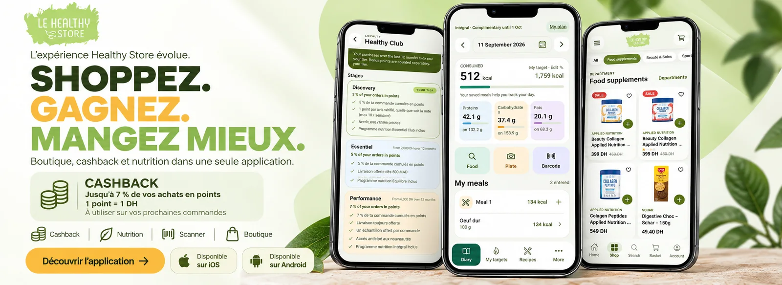Aperçu de l’application : Healthy Club, journal nutritionnel et boutique