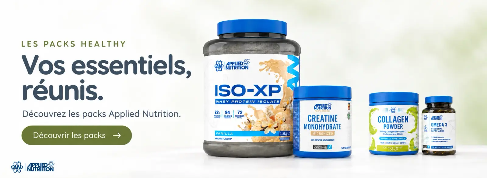 Packs Applied Nutrition : ISO-XP avec créatine et Beauty Collagen avec Oméga 3. Découvrir les packs.