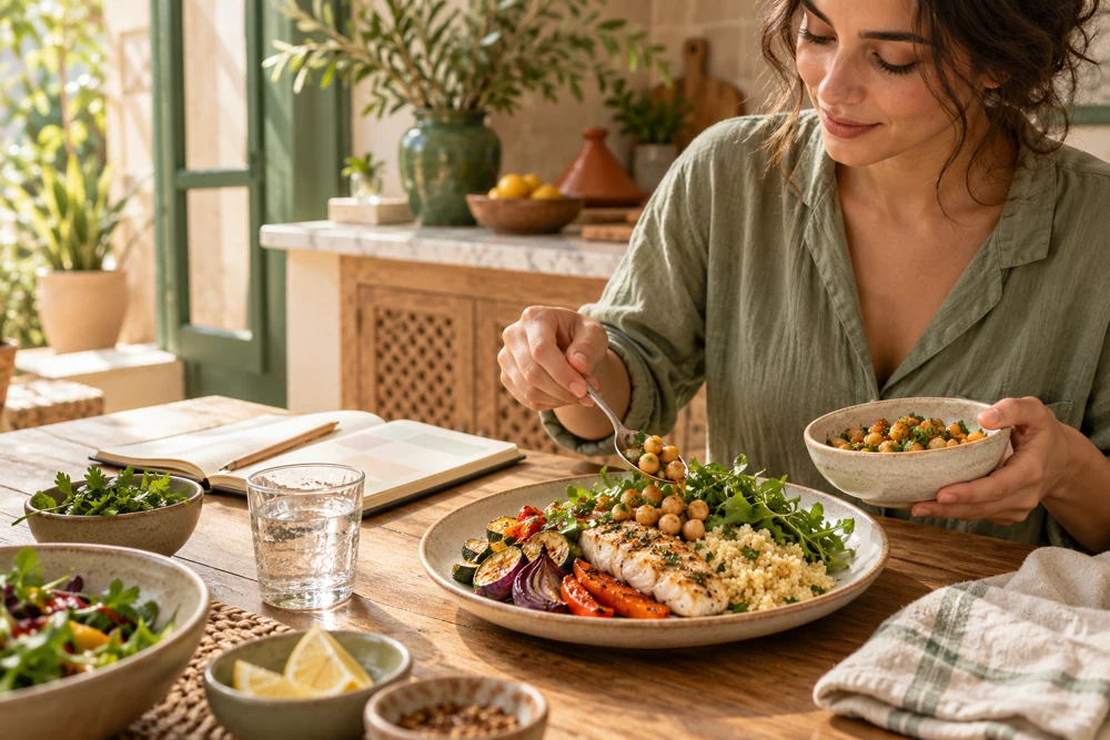 Une femme ajuste les portions de son repas en préparant sa journée