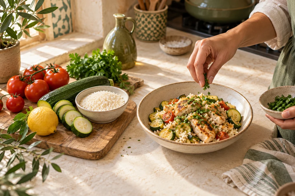 Des ingrédients frais transformés en un repas de poulet, riz et légumes