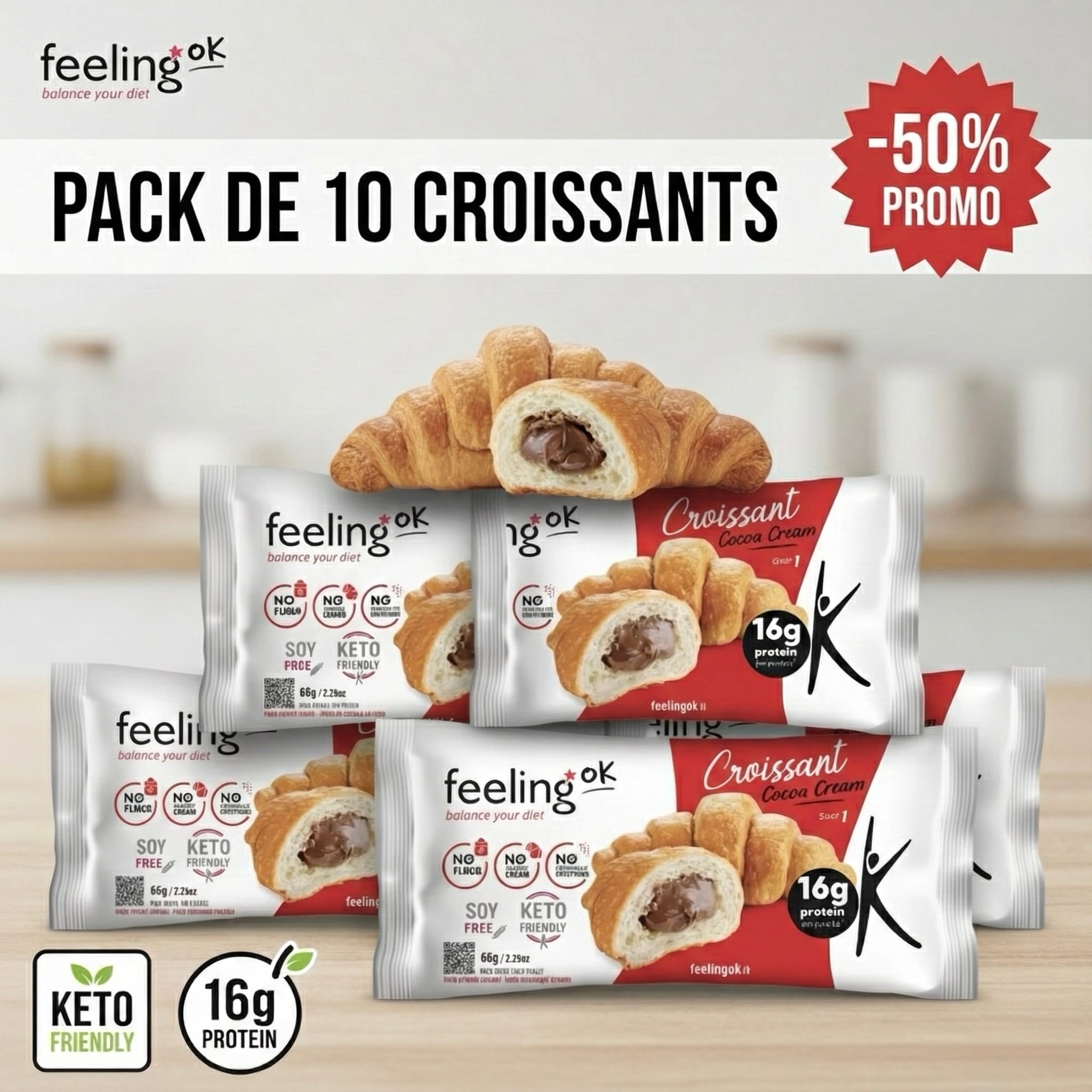 Feeling Ok, Pack de 10 Croissants au chocolat Protéiné