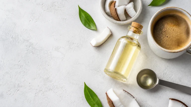 Huile MCT versée dans une boisson keto avec aliments pauvres en glucides