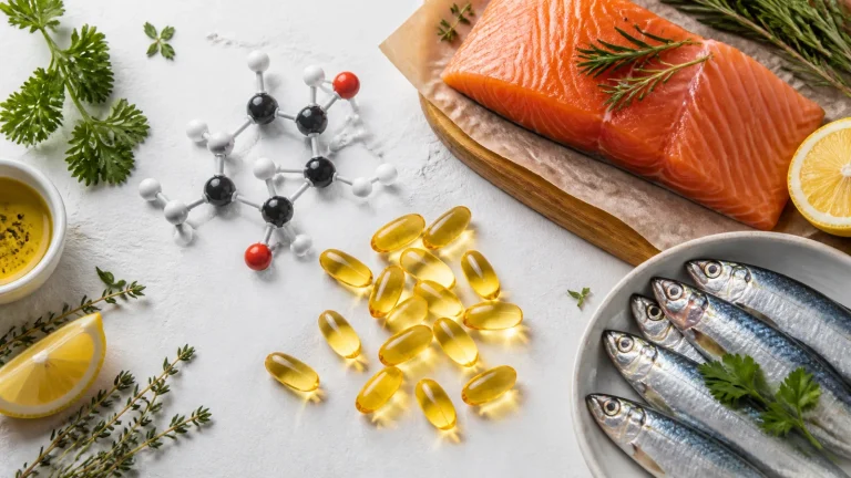 Capsules d’oméga-3 avec poissons gras et repères EPA DHA