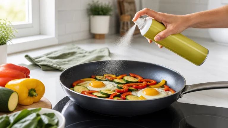 Spray de cuisson appliqué en fine couche sur une poêle et des légumes