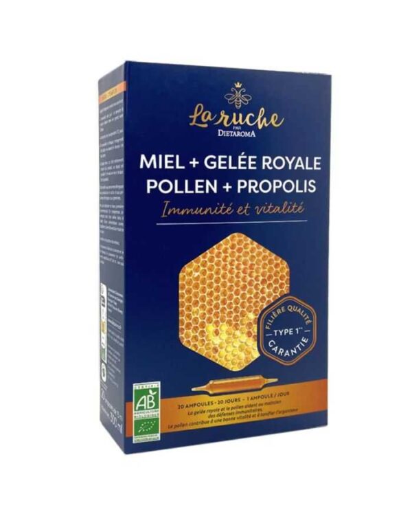 Dietaroma La Ruche Miel Gelée Royale Pollen Propolis Bio – 20 ampoules de 15 ml