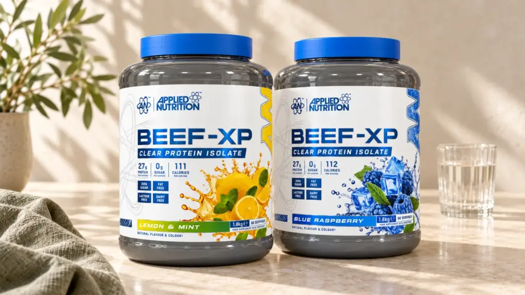 Deux pots Beef XP Applied Nutrition Lemon & Mint et Blue Raspberry sur un plan de travail clair.
