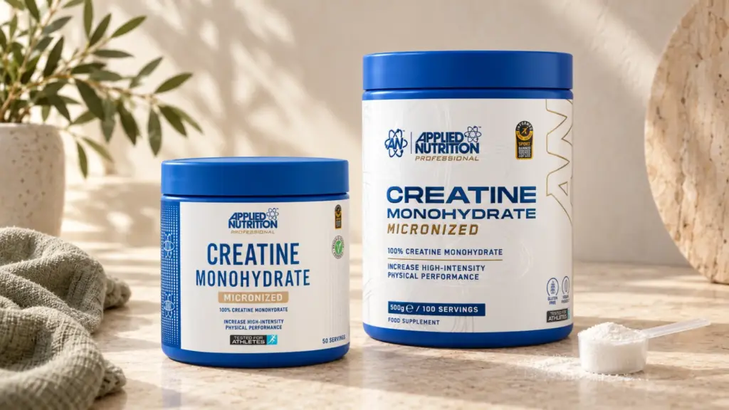 Créatine monohydrate Applied Nutrition en format 50 portions et 500 g, avec une dosette.