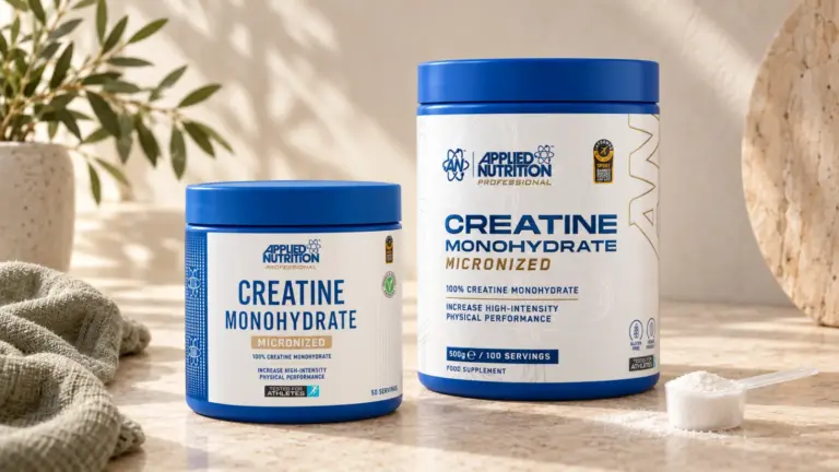 Créatine monohydrate Applied Nutrition en format 50 portions et 500 g, avec une dosette.