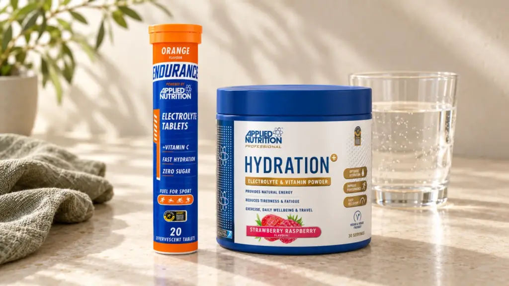 Électrolytes Applied Nutrition en comprimés Endurance et en poudre Hydration+, à côté d’un verre d’eau.