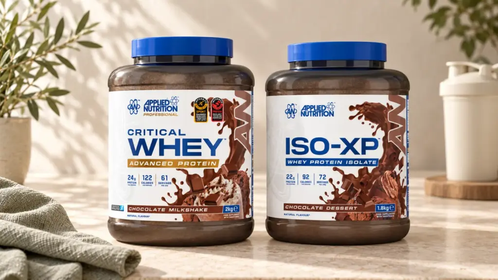 Pots Critical Whey et ISO-XP Applied Nutrition au chocolat dans un décor clair et épuré.