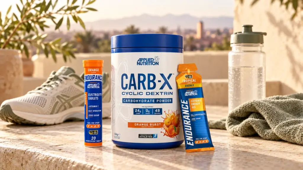 CarbX, gel Endurance et électrolytes Applied Nutrition, avec une chaussure de running et une gourde sur une terrasse aux tons crème et sauge.