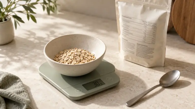 Bol de flocons d’avoine pesé sur une balance de cuisine, à côté d’une étiquette nutritionnelle.